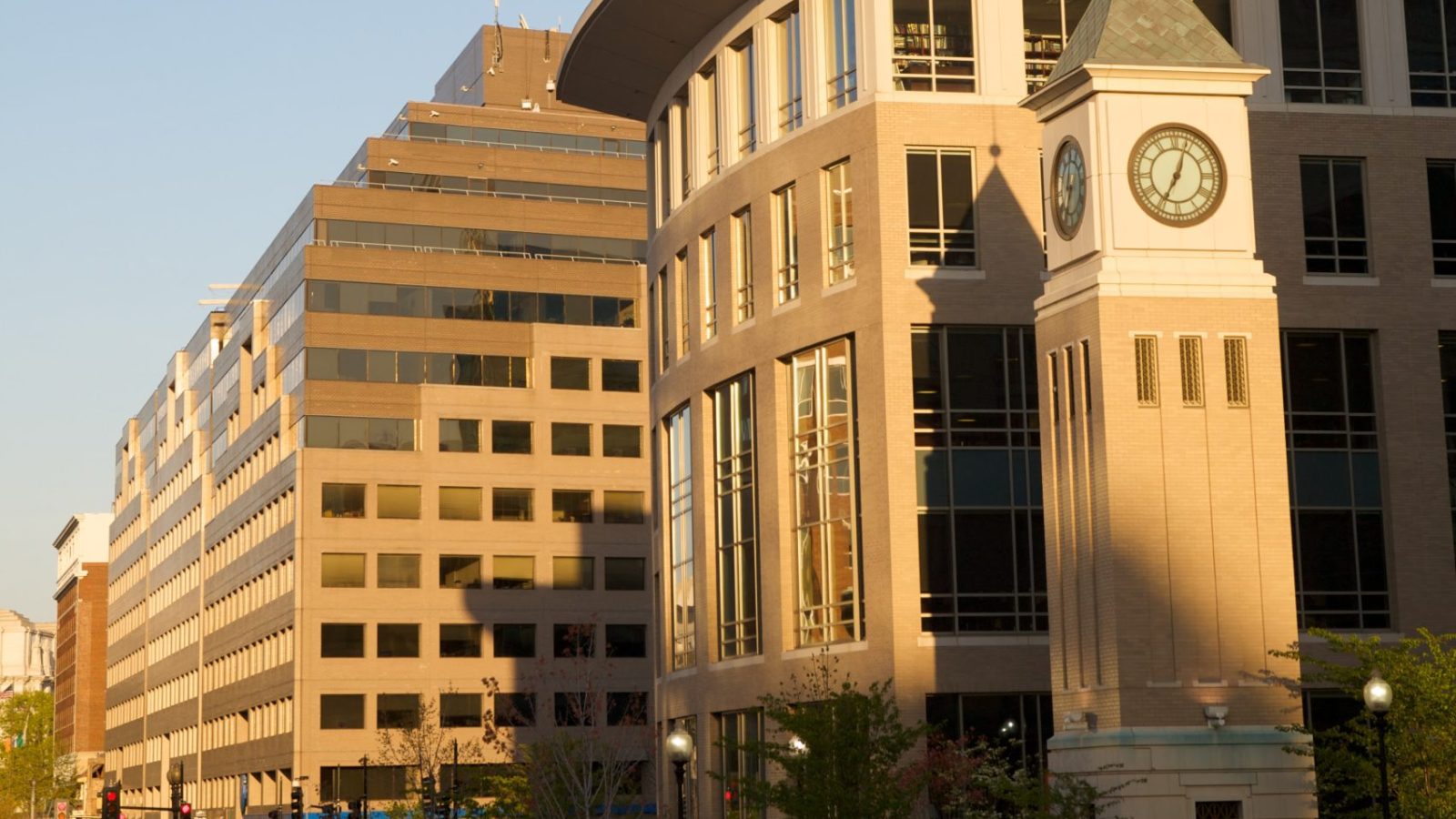 Georgetown Law Eleanor Holmes Norton Green at sunset, viewing east